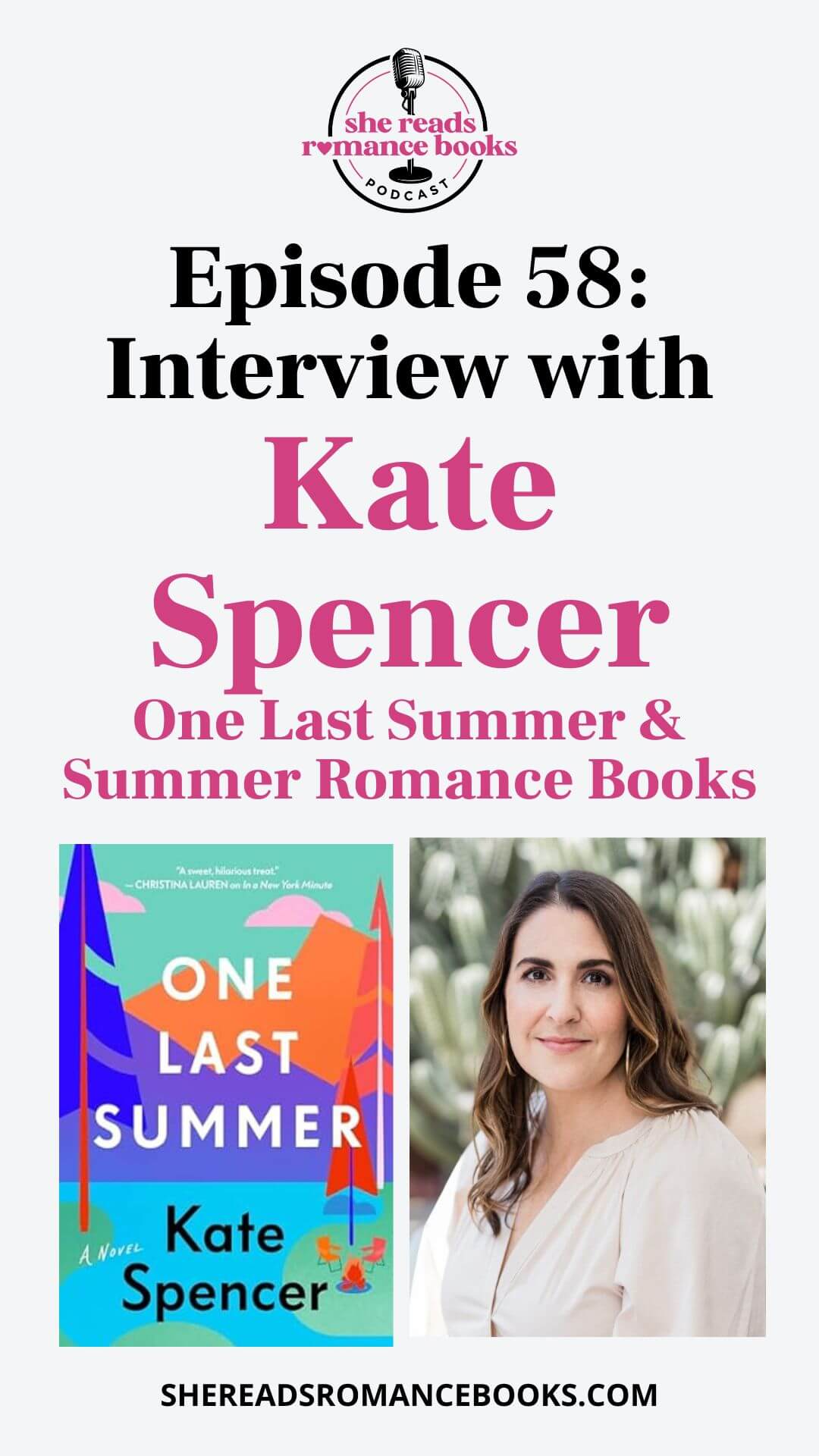 Check out the She Reads Romance Books Podcast interview with Kate Spencer as they discuss her newest release, One Last Summer.