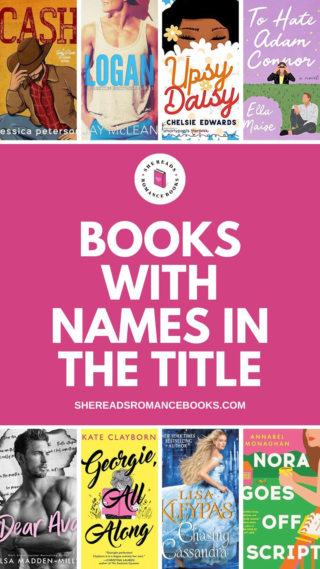 For a fun reading challenge, check out this book list of romance books with names in the title from She Reads Romance Books.