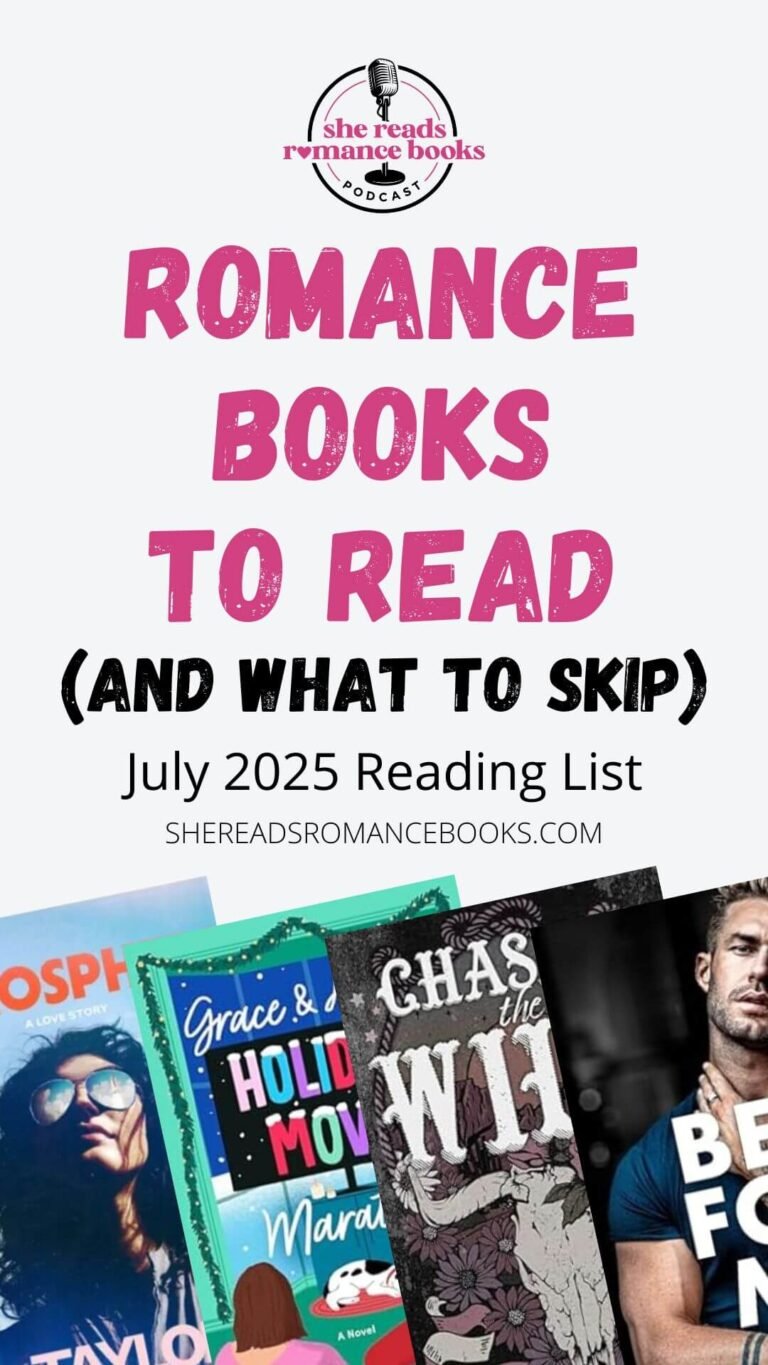 Check out the latest podcast episode of the She Reads Romance Books Podcast (or view the list) to check out her July 2025 reading list and get her opinion on what new and throw back romance books you should add to your TBR list and which romance books you should just skip.
