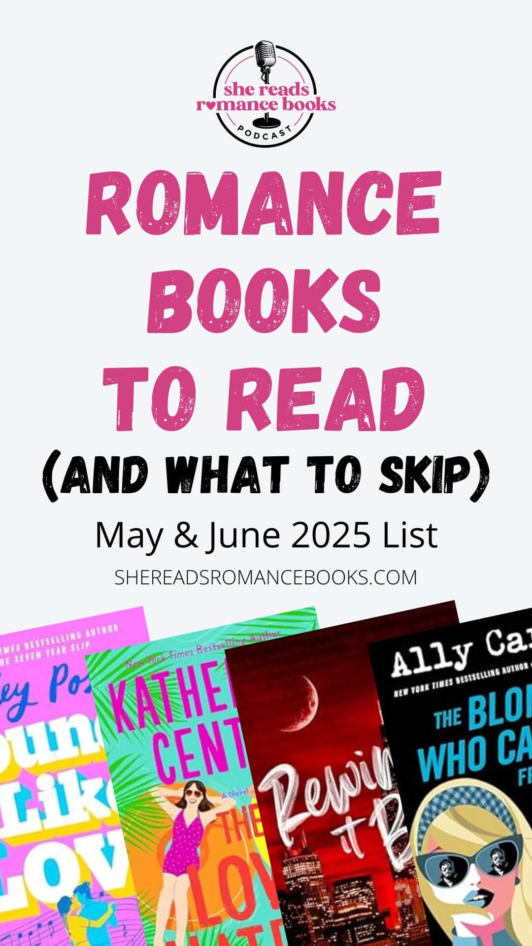 Check out the latest podcast episode of the She Reads Romance Books Podcast (or view the list) to check out her May & June 2025 reading list and get her opinion on what new and throw back romance books you should add to your TBR list and which romance books you should just skip.