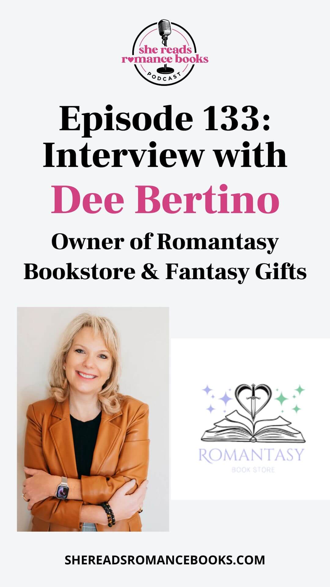 Check out the She Reads Romance Books Podcast interview with Dee Bertino, owner of the romance-only bookstore, Romantasy Bookstore!