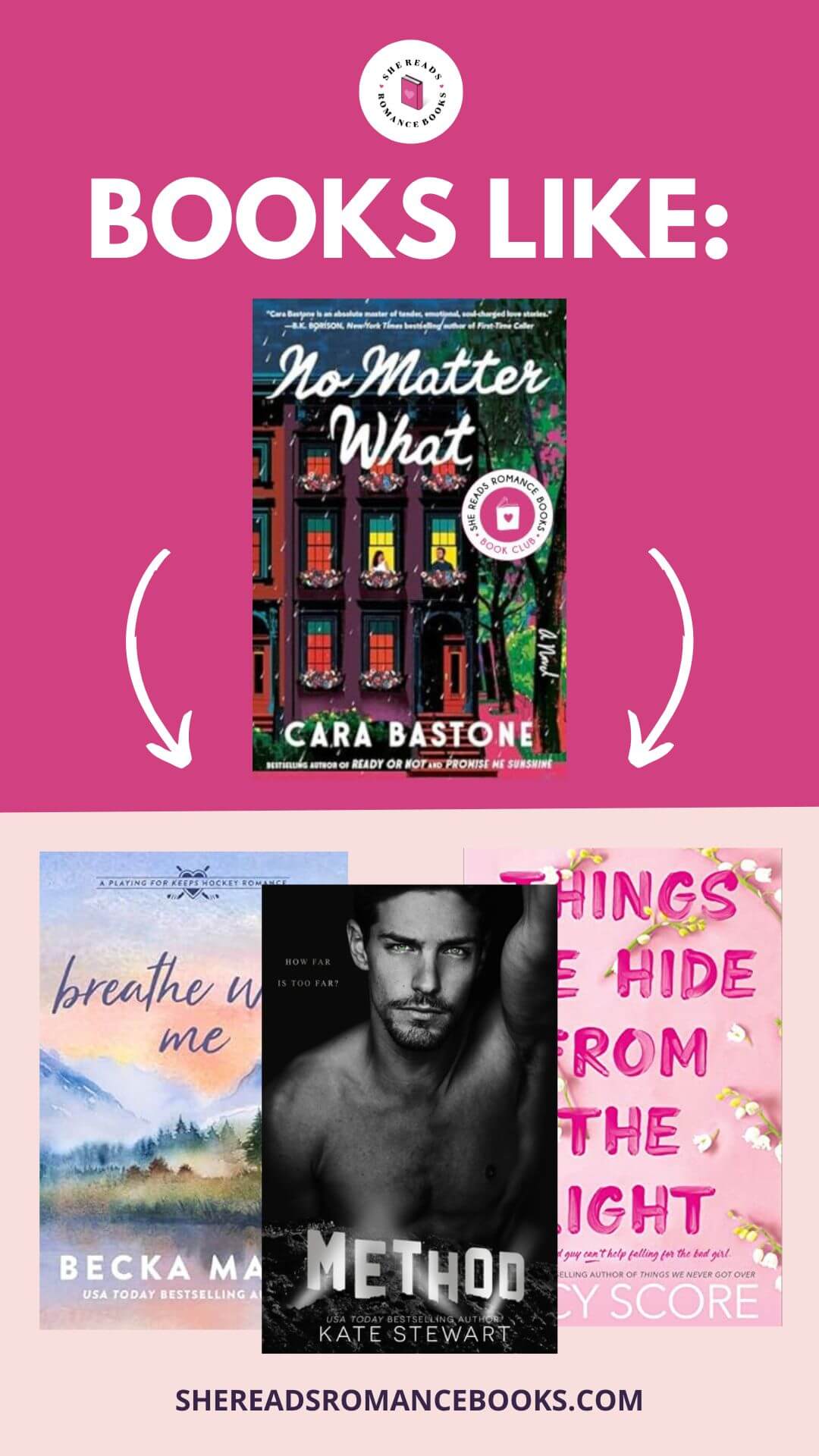 Discover the ultimate list of books like No Matter What by Cara Bastone, the April 2026 Book of the Month for the She Reads Romance Books Book Club.