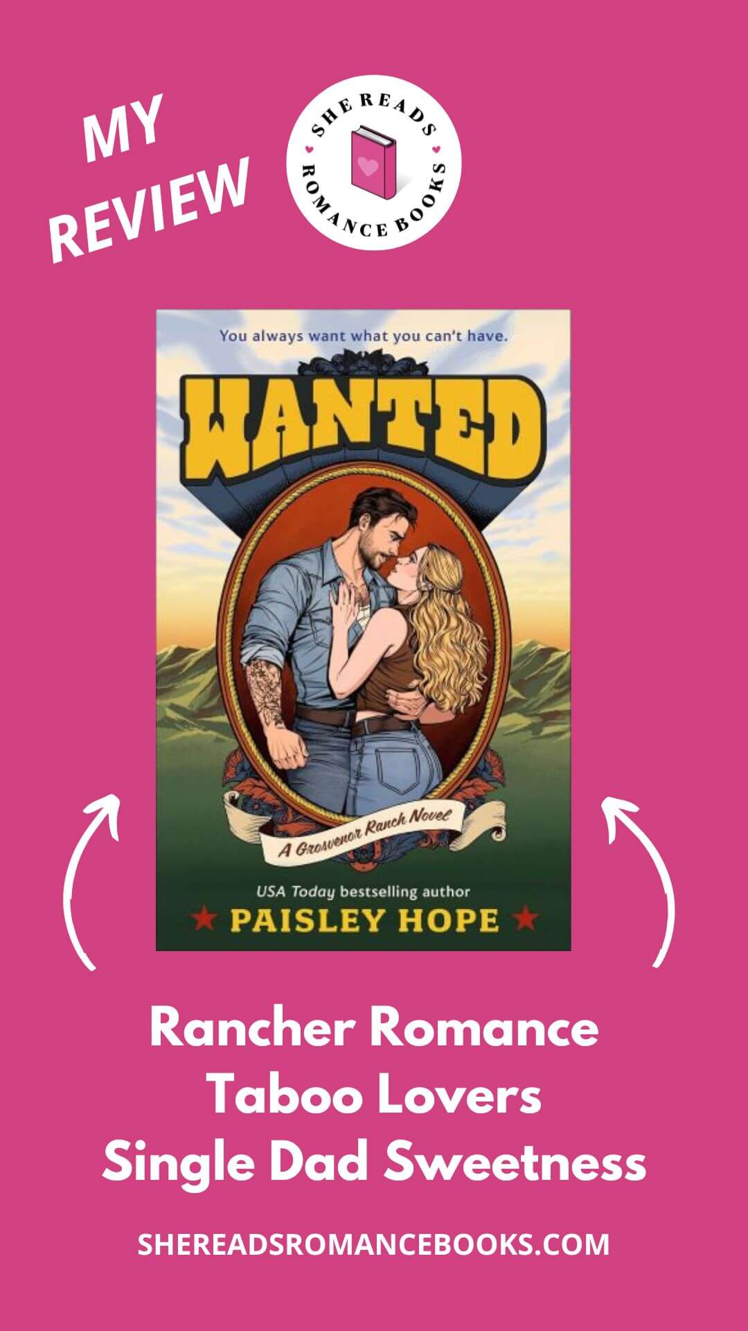 Check out She Reads Romance Books' book review of Wanted by Paisley Hope to see what she thinks of this cowboy, taboo romance!